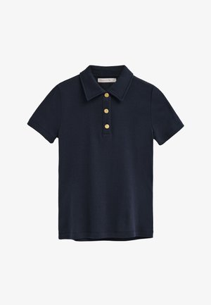 Marineblauw korte mouwen poloshirt met een puntige kraag en drie gouden knopen op de voorste sluiting.