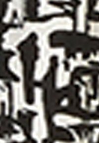 Zwart-wit abstract textiel met verschillende vormen en patronen; bevat dikke lijnen en een textuurrijk contrast tussen kleuren.