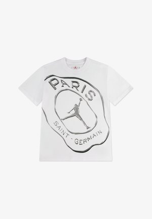 Bijela pamučna majica s velikim crnim grafičkim natpisom "PARIS" i "SAINT-GERMAIN" te siluetom skačuće figure.