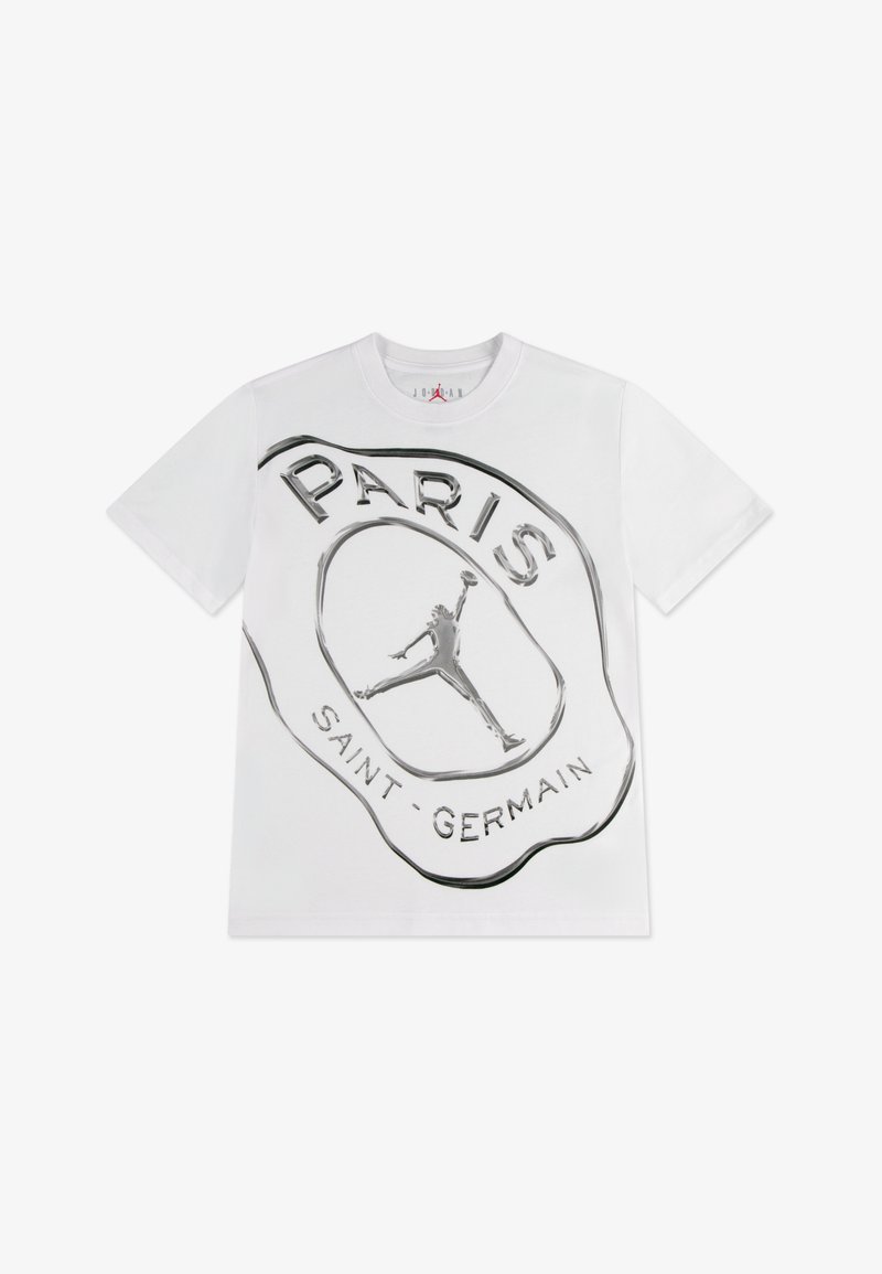 Άσπρο βαμβακερό T-shirt με ένα μεγάλο μαύρο εκτυπωμένο γραφικό που γράφει «PARIS» και «SAINT-GERMAIN» με την σιλουέτα ενός άλτη σε άλμα.