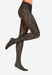 Czarne rajstopy z siateczki o wzorze diamentowym z ostrymi akcentami, gładką teksturą i wysokim stanem, który wysmukla sylwetkę.