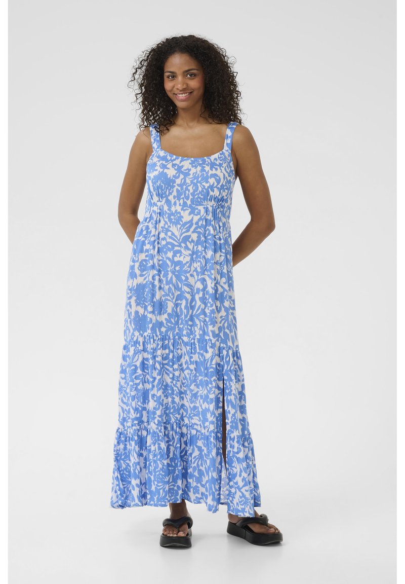 Maxikleid aus leichtem Stoff mit blauem Blumenmuster, quadratischem Ausschnitt, verstellbaren Trägern und einem gestuften Rock mit seitlichem Schlitz.