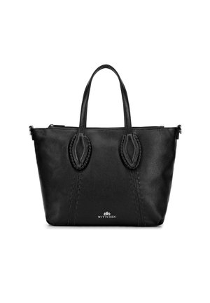 Borsa a tracolla nera in pelle con manici doppi, caratterizzata da dettagli cuciti e accenti intrecciati, include una chiusura con zip e un logo alla base.