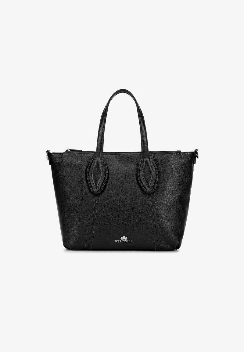 Borsa a tracolla nera in pelle con manici doppi, caratterizzata da dettagli cuciti e accenti intrecciati, include una chiusura con zip e un logo alla base.