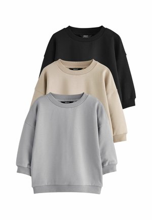 Three long-sleeve crewneck sweatshirts in black, beige, and light gray stacked vertically on a white background.