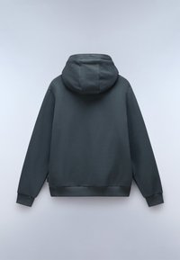 Felpa con cappuccio grigio scuro, dotata di cappuccio arrotondato, realizzata in tessuto morbido, con maniche lunghe e orlo a coste sia nella parte inferiore che nei polsini.