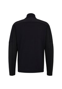 Schwarze Jacke mit langen Ärmeln und hohem Kragen, sichtbare Nahtlinien an Schultern und Ärmeln, von hinten vor einem weißen Hintergrund gezeigt.