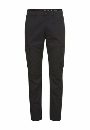 Schwarze Cargo-Hosen aus strapazierfähigem Stoff, mit Seitentaschen, geradem Beinansatz und Knopf/Reißverschluss-Verschluss.