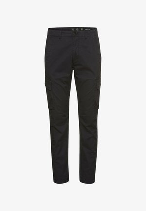 Schwarze Cargo-Hosen aus strapazierfähigem Stoff, mit Seitentaschen, geradem Beinansatz und Knopf/Reißverschluss-Verschluss.