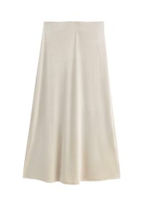 En lys beige A-line nederdel lavet af blød stof, med en glat tekstur og et udvidet design, der falder under knæet.