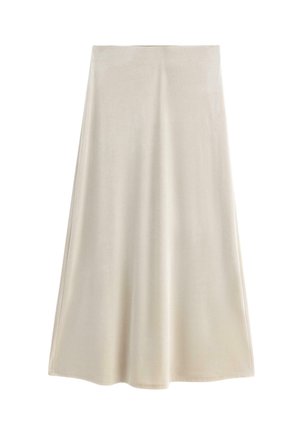 En ljus beige A-linjeformad kjol gjord av mjukt tyg, med en jämn textur och en utställd design som når nedanför knäna.