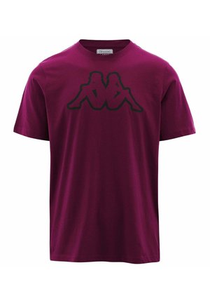 T-shirt bordeaux a maniche corte con un logo nero di due silhouette sedute schiena contro schiena al centro del petto.