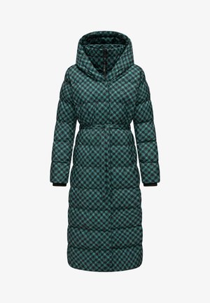 Cappotto lungo imbottito in verde scuro con un motivo geometrico. Presenta un ampio colletto, una vita con cintura e polsini a coste per un calore aggiuntivo.