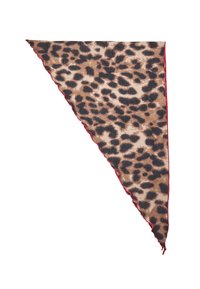 Trekantet tørklæde med leopardmønster i brun, beige og sort; glat tekstur med rød bølget kant.