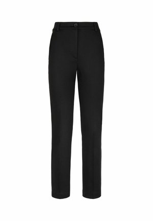 Pantalons noirs ajustés en tissu lisse, avec une taille plate, deux poches latérales et une fermeture à bouton. Design à jambes droites.