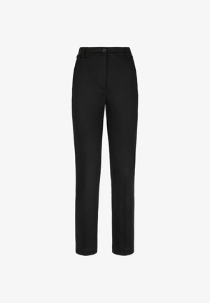 Schwarze maßgeschneiderte Hosen aus glattem Stoff, mit flachem Frontschnitt, zwei seitlichen Taschen und Knopfverschluss. Gerade geschnitten.