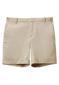 Beige Baumwollshorts mit glatter Textur, umgeschlagenen Säumen und Gürtelschlaufen. Vordere schräge Taschen und ein Reißverschluss.
