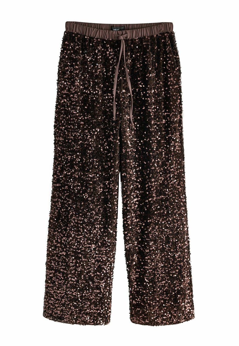 Brown sequined wide-leg pants with an elastic waistband and drawstring. The fabric is covered in shiny, round sequins for a textured look.