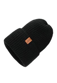Berretto in maglia nera con texture a coste e risvolto. Presenta una toppa rettangolare in pelle marrone con dettagli del logo.