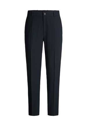 Pantaloni da donna neri su misura con pieghe frontali, chiusura con bottone e cerniera, e passanti per cintura, mostrati su sfondo bianco.