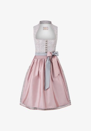 Dirndl dress with a fitted bodice and a pink satin skirt, featuring a floral-patterned top, silver buttons, and a grey satin sash.