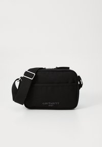 Borsa messenger in tessuto nero con tracolla regolabile, scomparto principale con zip, tasca frontale e dettaglio logo in rilievo.