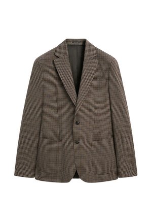 Braun-schwarz kariertes Zweiknopf-Sakko mit Kerbkragen und aufgesetzten Taschen vorne, auf weißem Hintergrund dargestellt.
