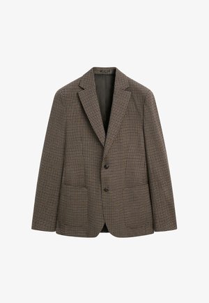 Blazer a due bottoni a quadri marroni e neri con rever a incavo e tasche a toppa frontali, mostrato su sfondo bianco.