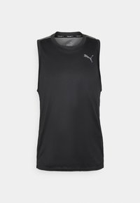 Maillot de sport noir sans manches en tissu lisse, avec un col rond et un logo Puma gris sur la poitrine gauche.
