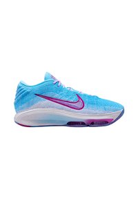 Blaue Mesh-Sneaker mit lila Akzenten, strukturiertem Obermaterial, weißer Sohle mit bunten Sprenkeln und ausgeprägtem Nike-Swoosh-Logo.