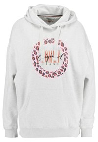 Světlě šedá mikina s kapucí s přední kapsou, stahovacími šňůrkami a růžovým kruhem s leopardím potiskem obklopujícím nápis "Tommy Jeans" v různých fontech.