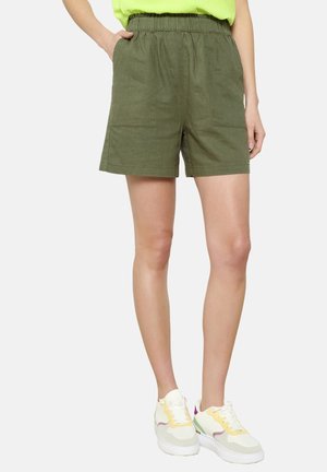 Khaki linna segust lühikesed püksid, millel on elastne vöökoht, kaks esist pockets ja mugav lõige, koos värviliste sneakeritega.