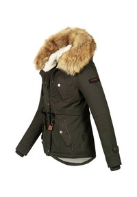 Dark green winter jacket with fur-lined hood, zip and snap buttons, multiple pockets, drawstring waist, and branded patch on left sleeve.