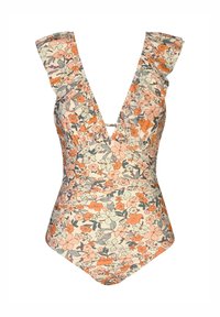 Bloemenbadpak met diepe V-hals, gerimpelde schouderbandjes en oranje, perzik en groene bloemenprint op een lichte achtergrond.