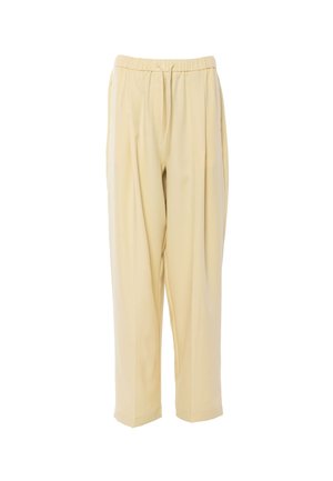 Beige loszittende broek met een elastische tailleband en trekkoord, met rechte pijpen en verborgen zijzakken.