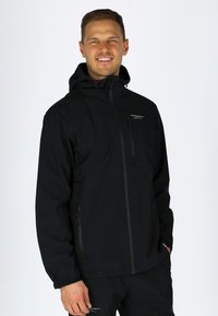 Black waterproof jacket with a hood, featuring a zippered front and pockets, made of smooth material, with a fitted design.
