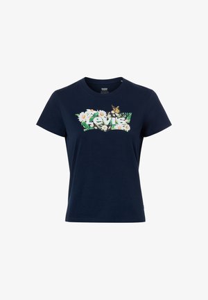 Navy blue short-sleeve t-shirt with "Levi's" logo filled with white daisies, green leaves, and a yellow butterfly atop the logo.