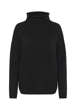 Pulover negru, cu gât înalt, realizat dintr-un material moale și texturat. Croială lejeră cu mâneci lungi și margine dreaptă. Fără modele sau accente vizibile.