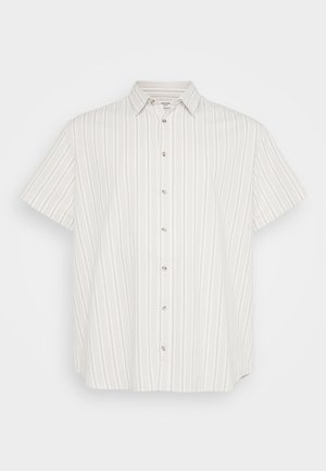 Κοντομάνικο πουκάμισο με κουμπιά σε ανοιχτό μπεζ χρώμα με κατακόρυφες ρίγες σε διάφορες αποχρώσεις. Διαθέτει κλασικό γιακά και ελαφριά υφή υφάσματος.