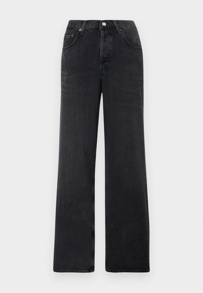 Black wide-leg jeans made of denim. Features a high waist, two front pockets, and a button closure with copper accents.