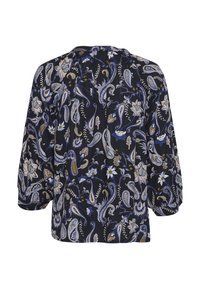 Blusa nera con motivi paisley e floreali nei toni del blu, crema e oro. Presenta maniche 3/4 e un collo rotondo. Tessuto morbido e strutturato.