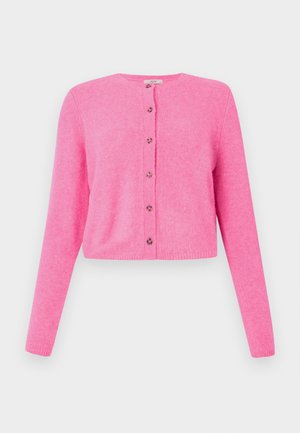 Cardigan court rose en matériau doux, doté de manches longues, d'un col rond et de six boutons avant avec des accents décoratifs.