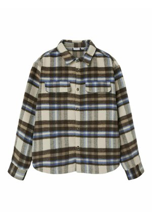 Rutig flanellskjorta i beige, brunt och blått. Har knappstängning fram, krage och två bröstfickor. Mjuk textur, avslappnad passform.