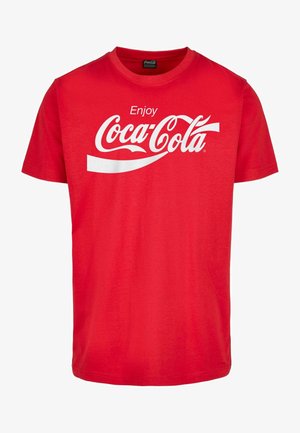 Rotes Baumwoll-T-Shirt mit kurzen Ärmeln, das ein weißes "Coca-Cola"-Logo und ein wellenförmiges Design über der Brust zeigt. Klassischer Rundhalsausschnitt.