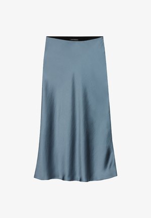 A-line skirt in a soft, muted blue satin fabric. Features a simple black waistband and smooth, flowing silhouette.