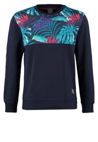 Felpa blu navy con maniche lunghe e una vivace stampa floreale tropicale sul petto e sulle spalle.