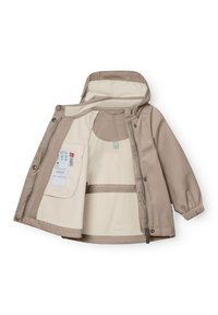 Μπεζ παιδικό μπουφάν με κουκούλα και επένδυση από φλις, φερμουάρ στο μπροστινό μέρος, κουμπιά αστραπή και εσωτερική ετικέτα με οδηγίες φροντίδας.