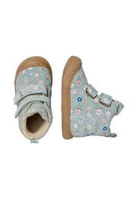 Stivali per bambini con stampa floreale in tessuto verde menta, dotati di due cinturini regolabili in Velcro, fodera morbida e suole in gomma marrone.