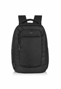 Czarny plecak wykonany z trwałego materiału, z główną komorą zapinaną na zamek, przednią kieszenią i wyściełanymi paskami na ramiona dla większego komfortu.