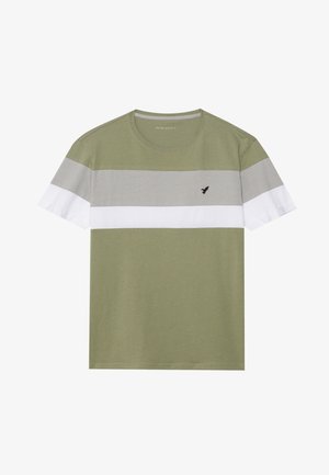 Olive green T-shirt with gray and white horizontal stripes, classic crew neck, short sleeves, and black bird logo on the chest.